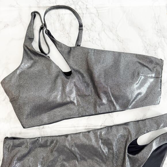 VICTORIA'S SECRET One Shoulder Cut Out High Waist Bikini Set Silver Foil L XL - Picture 5 of 13